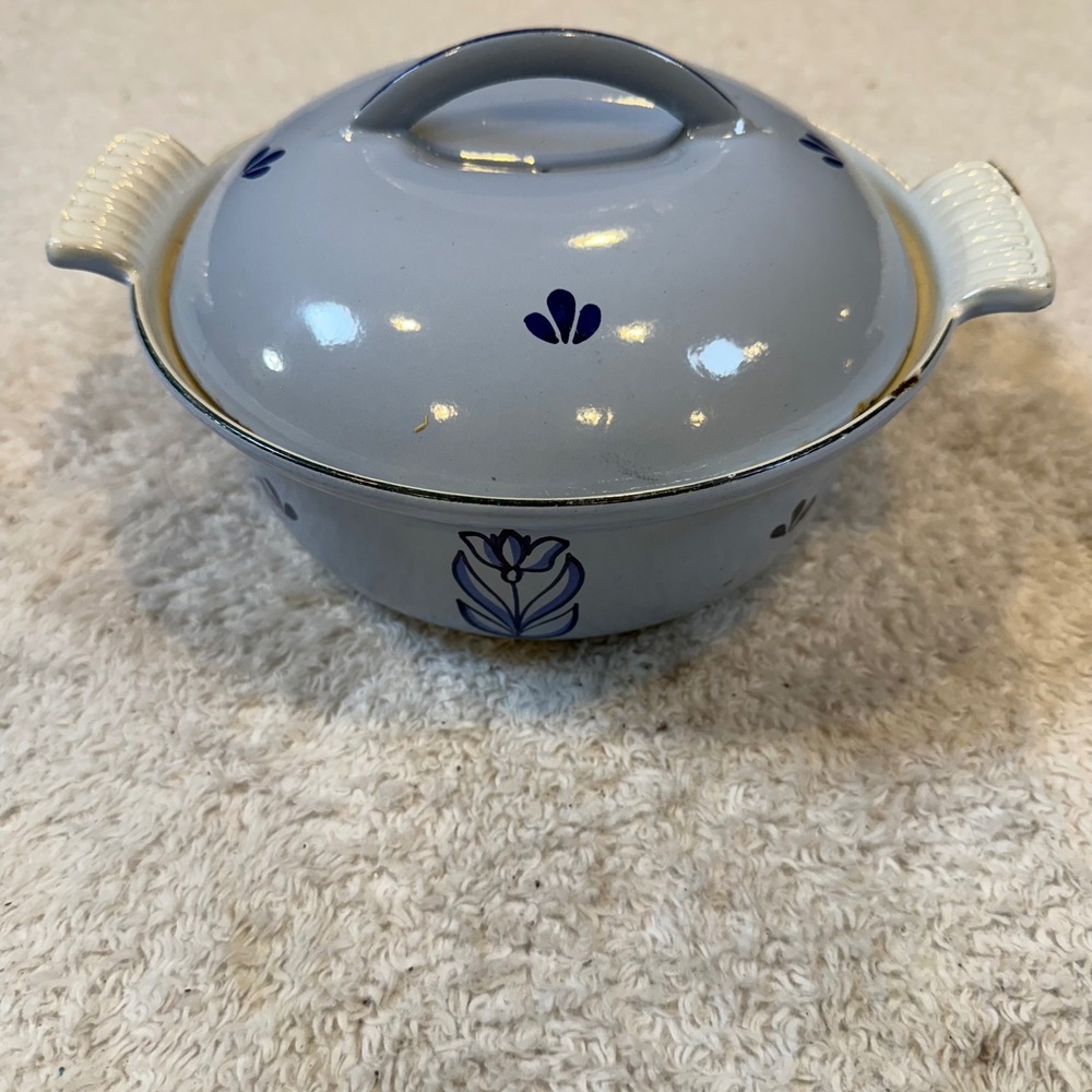 Vintage Holland Enamelware Casserole Dish with Lid Blue Tulip Floral 7.5 Inch